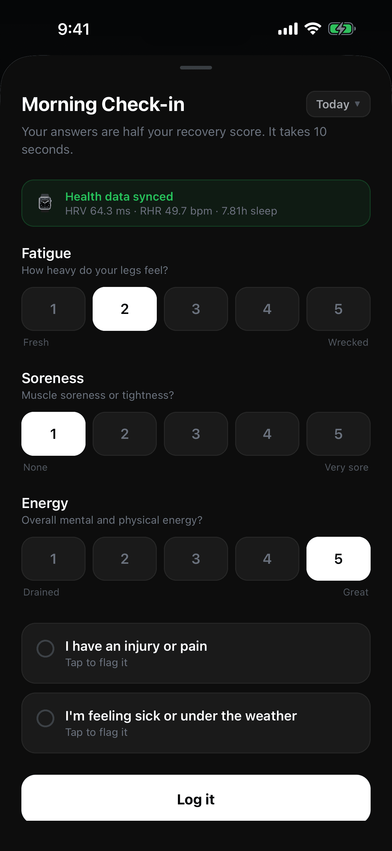 The Adaptiv morning check-in: fatigue, soreness and energy rated one to five, with heart rate variability, resting heart rate and sleep already filled in from the athlete's watch.