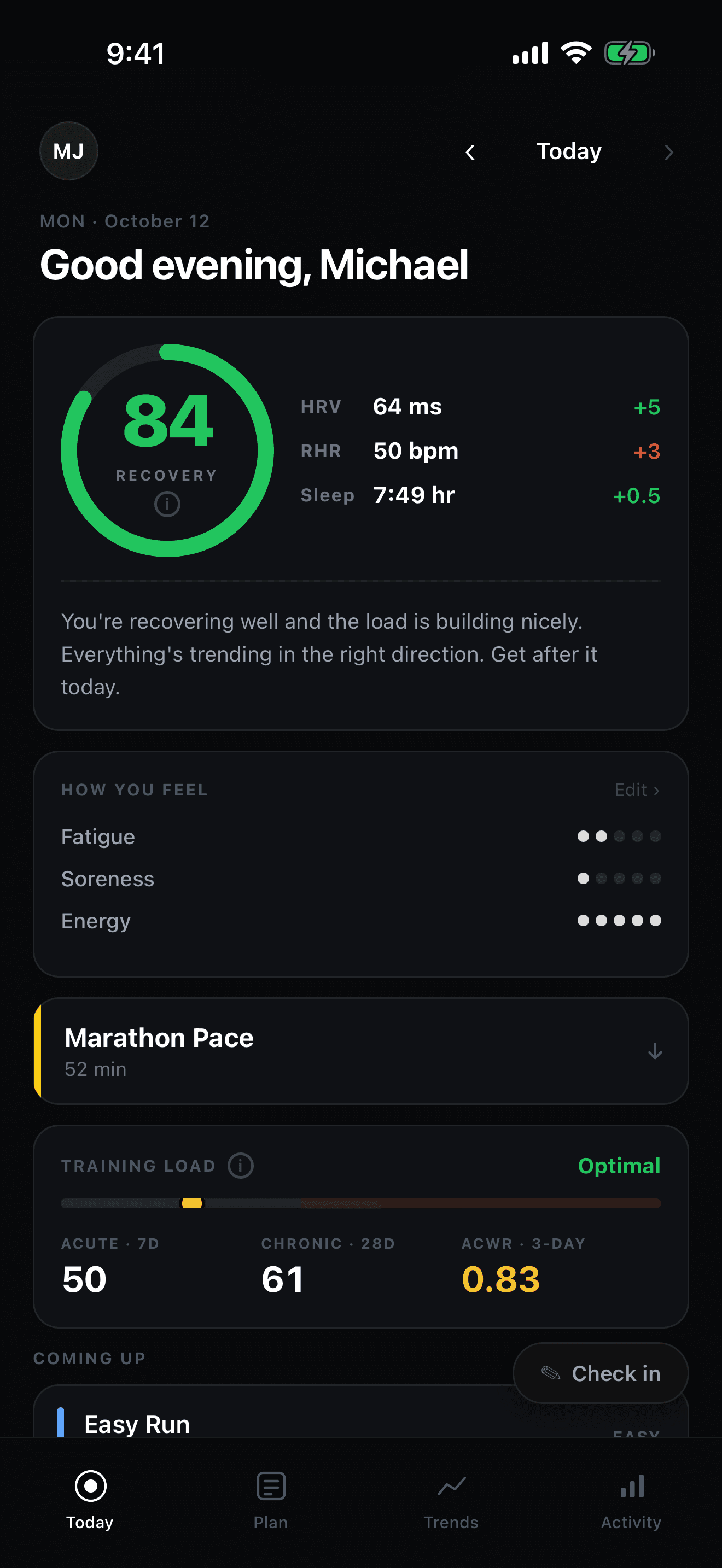 The Adaptiv Today screen: a green recovery ring, with heart rate variability, resting heart rate and sleep beside it, then the day's session and the acute to chronic training load ratio below.
